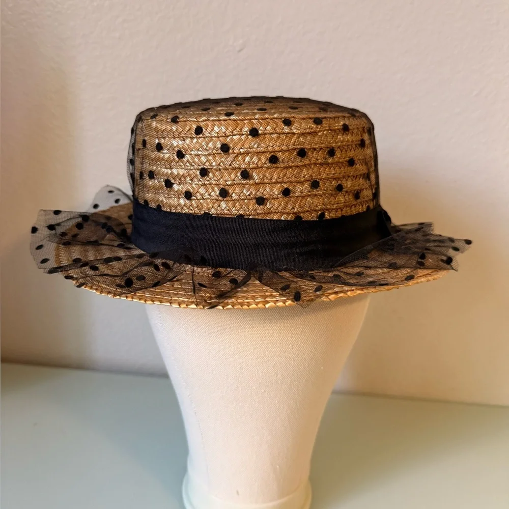 Straw Sun Hat with Black Polka Dot Veil and Band by A&O